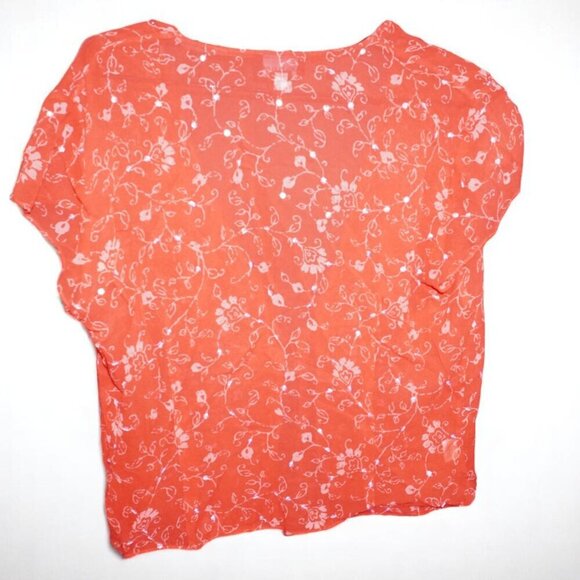Ann Taylor Silk Blouse Women’s Size 10 Red Floral Tie Front Sheer Top Short Slee - Picture 11 of 12